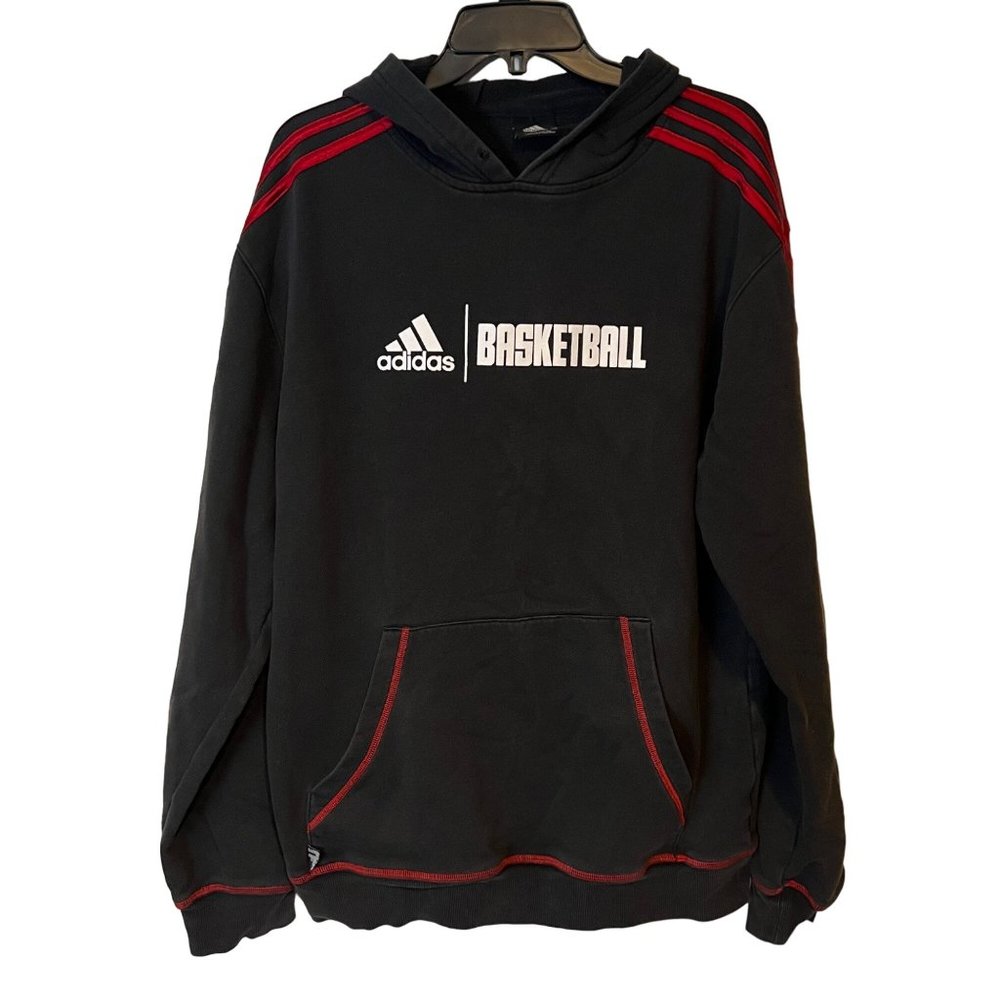 Adidas Hoodie Mens Large Baseball Black Red Arm Stripes Relaxed Pocket Warm